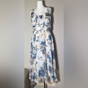 Dressbarn Floral Fit & Flare Midi Dress Size 10 Blue White Sleeveless
